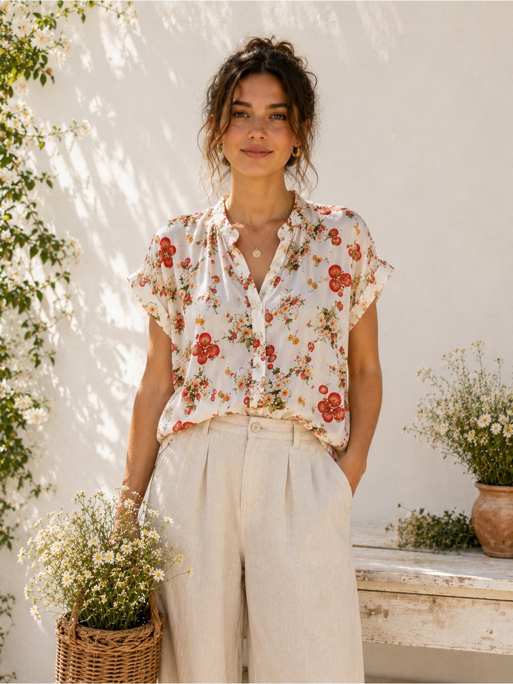NWT Fifty Street Cherry Tomato Floral Blouse Soft Stretchy Top M Size